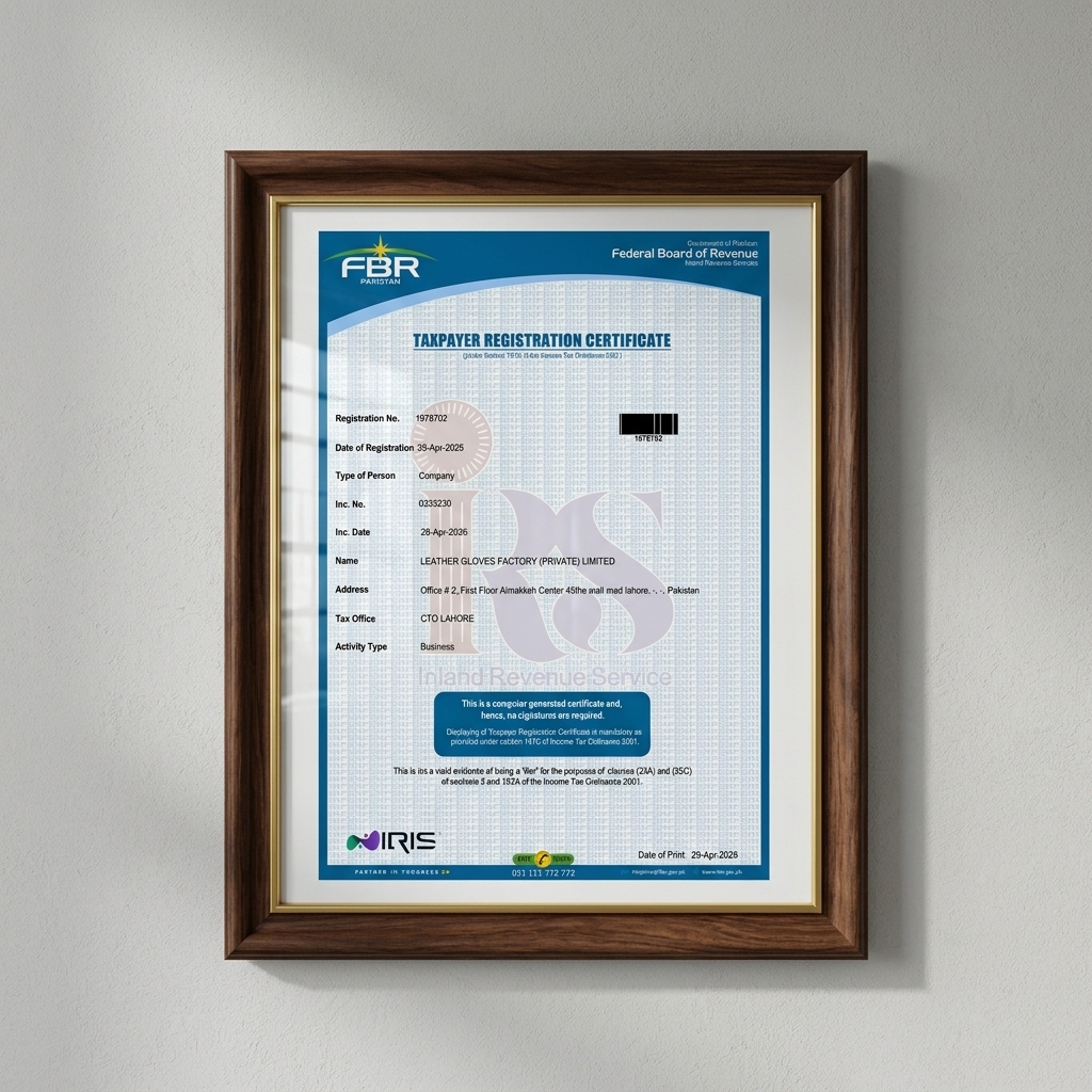 FBR Taxpayer Registration Certificate - Leather Gloves Factory Boxing Gloves Manufacturer