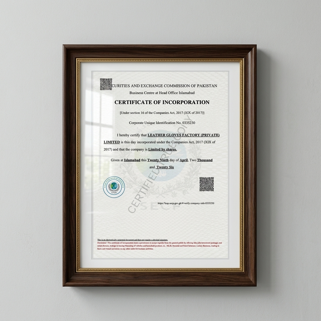 SECP Certificate of Incorporation - Leather Gloves Factory Boxing Gloves Manufacturer
